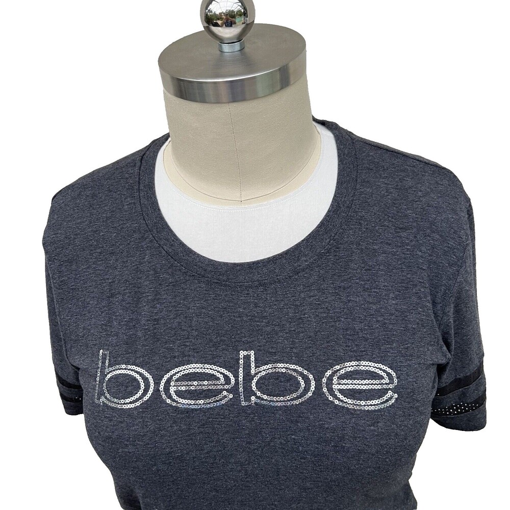 Women's BeBe Short Sleeve Jersey Half Tee Grey Logo Top Football Theme XL